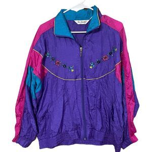 Vtg 80s Two Twenty Colorblock Windbreaker Track Jacket  Floral Embroidery Large